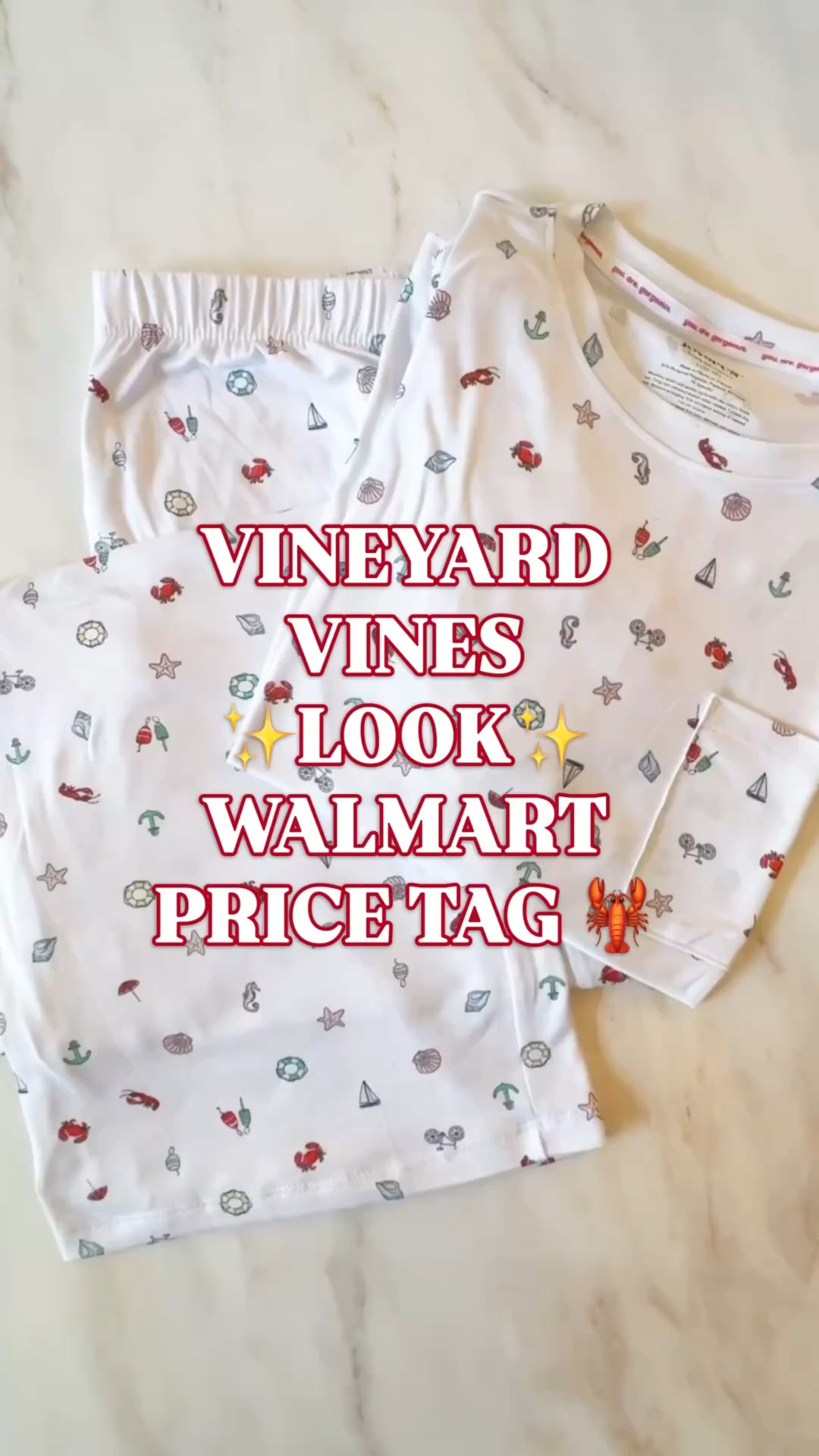 These look like Vineyard Vines but they are $15. On Walmart. 🦞

Vineyard Vines built an entire brand identity around the novelty toss print. Lobsters. Crabs. Anchors. Starfish. Sailboats. Seahorses. Life rings. Shells. Each motif individually illustrated and scattered across a crisp white background. This Joyspun set from Walmart is doing that print for $15. 🤌

Crewneck tee with a chest pocket. Straight-leg pant with elastic waistband and side pockets. Also available as a sleep shirt.

Perfect for coastal vacations, lake weekends, beach house mornings, and every girls trip that deserves a great pajama moment. 🥰

If you’ve recently searched:
Vineyard Vines pajamas look for less
nautical pajamas women
coastal pajamas women
preppy pajama set women
Lake Pajamas look for less
Roller Rabbit look for less
summer pajamas women
vacation pajamas women
This is the one.

It works for:
🦞 Coastal grandmother sleepwear
🦞 Coastal granddaughter vacation
🦞 Girls trip pajamas
🦞 Lake house weekend
🦞 Beach house morning uniform
🦞 The preppy pajama collector who knows a find

Vineyard Vines look for less, Vineyard Vines pajamas look for less, Vineyard Vines dupe, nautical pajamas women, coastal pajamas women, preppy pajamas women, printed pajama set women, novelty print pajamas women, lobster print pajamas, nautical toss print pajamas, dreamy knit pajamas, Lake Pajamas look for less, Roller Rabbit look for less, coastal grandmother pajamas, coastal granddaughter style, New England style pajamas, preppy sleepwear women, beach house pajamas women, lake house pajamas women, vacation pajamas women, spring pajamas women, summer pajamas women, girls trip pajamas women, Walmart pajamas women, Walmart fashion finds, Joyspun pajamas, affordable pajamas women, pajamas under $20, cute pajama set women, preppy style women, coastal style women

#LTKFindsUnder50 #LTKFindsUnder100 #VineyardVines #WalmartStyle #WalmartFinds #LookForLess #CoastalStyle #PreppyStyle 

#LTKSeasonal #LTKTravel #LTKHome