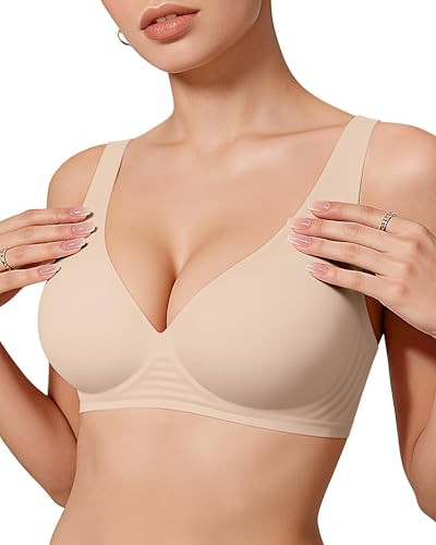 OEAK Womens Deep V Bras Wireless Comfortable Bra Supportive No Underwire Bras Tshirt Push Up Bralettes Plunge Seamless Bra Skin Color L | Amazon (US)