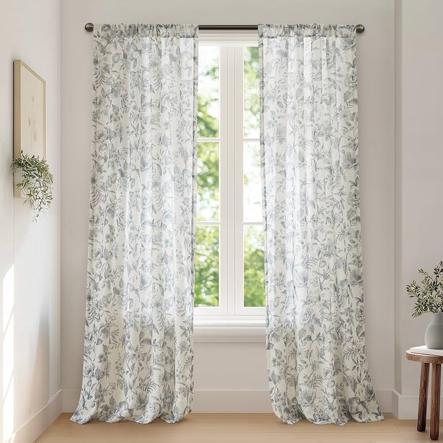 Madison Park Linen Curtains, Linen Window Panel for Living Room, Floral Window Curtains with Rod ... | Amazon (US)