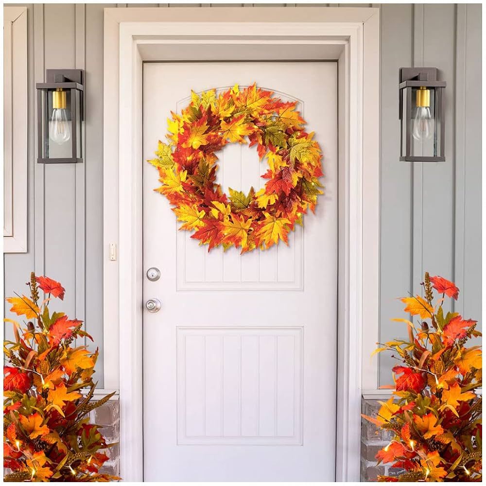 Glitzhome 24 Inch Pre-lit Fall Wreath Autumn Wreath for Front Door, Lighted Maple Leaves Wreath f... | Amazon (US)