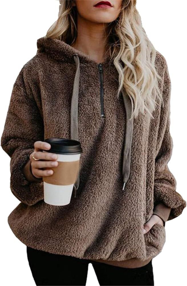ReachMe Womens Oversized Sherpa Pullover Hoodie with Pockets Fuzzy Fleece Sweatshirt Buffalo Plai... | Amazon (US)