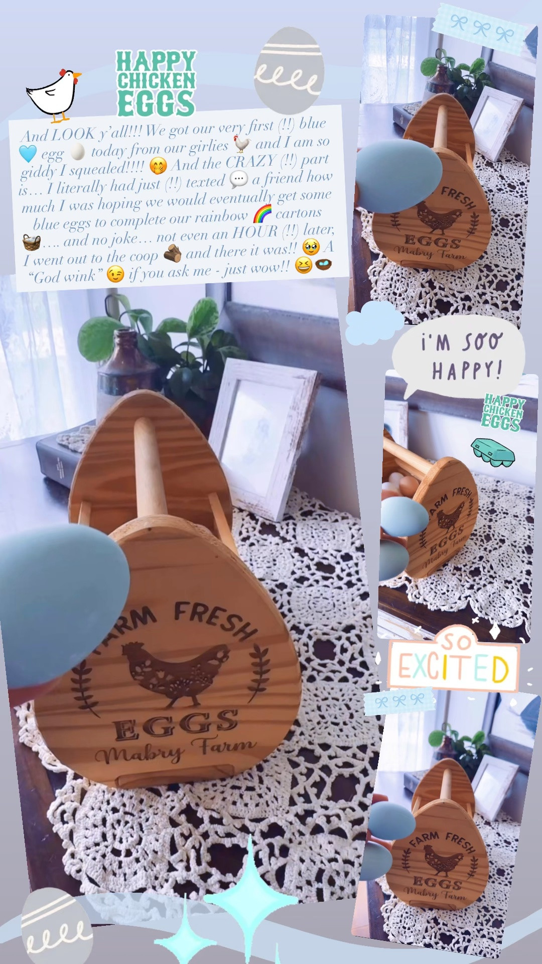 And LOOK y’all!!! We got our very first (!!) blue 🩵 egg 🥚 today from our girlies 🐓 and I am so giddy I squealed!!!! 🤭 And the CRAZY (!!) part is… I literally had just (!!) texted 💬 a friend how much I was hoping we would eventually get some blue eggs to complete our rainbow 🌈 cartons 🧺…. and no joke… not even an HOUR (!!) later,  I went out to the coop 🪵 and there it was!! 🥹 A “God wink” 😉 if you ask me - just wow!! 😆🪺