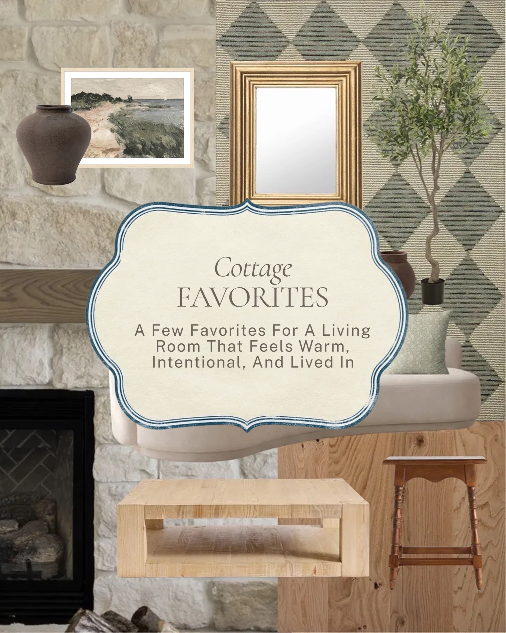 A warm, intentional living room starts with the right foundation pieces ✨ 

A stone fireplace moment, a natural wood coffee table, a gilded mirror, a moody vase, vintage artwork, and an olive tree that ties it all together. 

All linked here 🤍 

#LTKhome