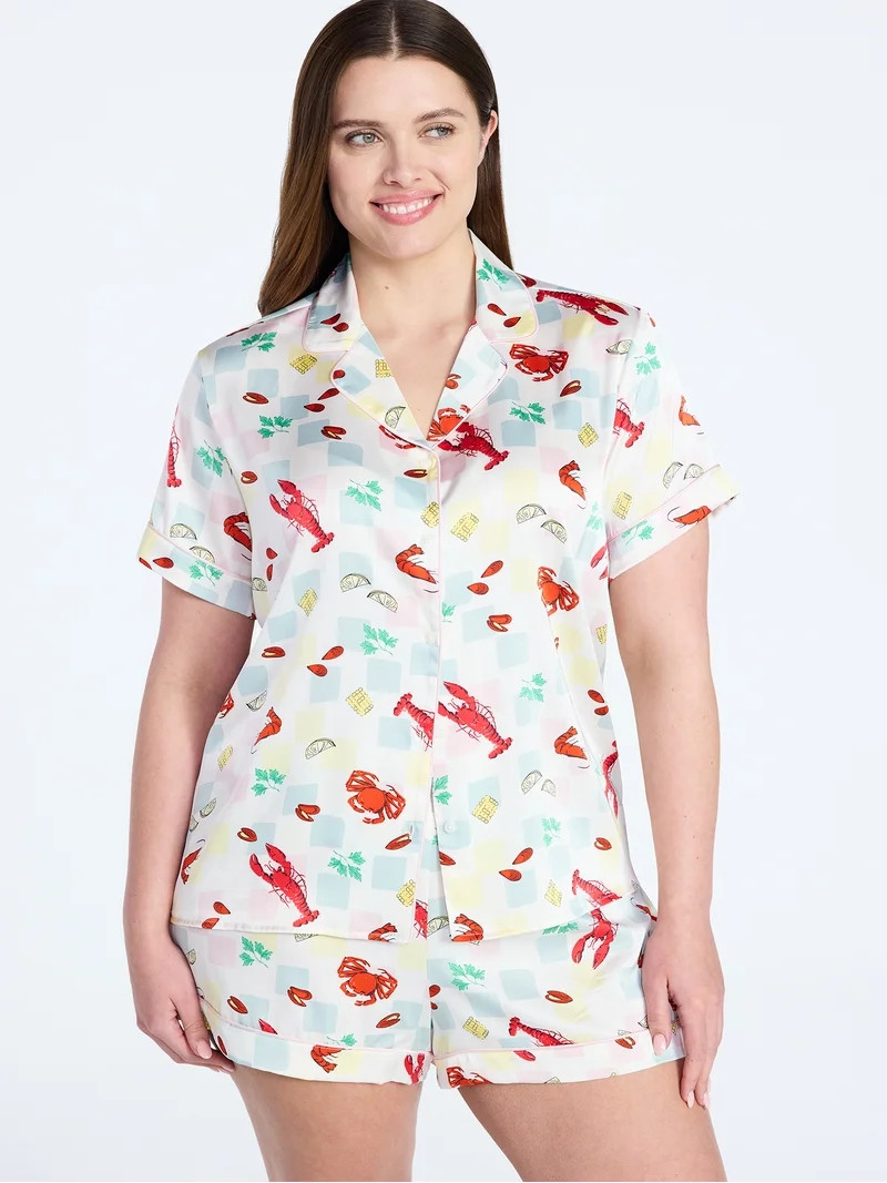 Joyspun Women’s Stretch Satin Short Sleeve Top and Shorts Pajama Set, Sizes XS-3X | Walmart (US)