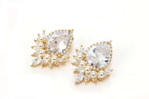 Statement bridal crystal earrings, Gold CZ & pearl earrings, personalized bridesmaid earrings gift,  | Etsy (US)