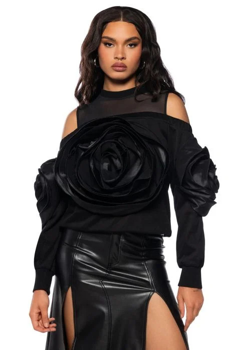 BLOOMING COLD SHOULDER 3D FLOWER SWEATSHIRT in black | AKIRA