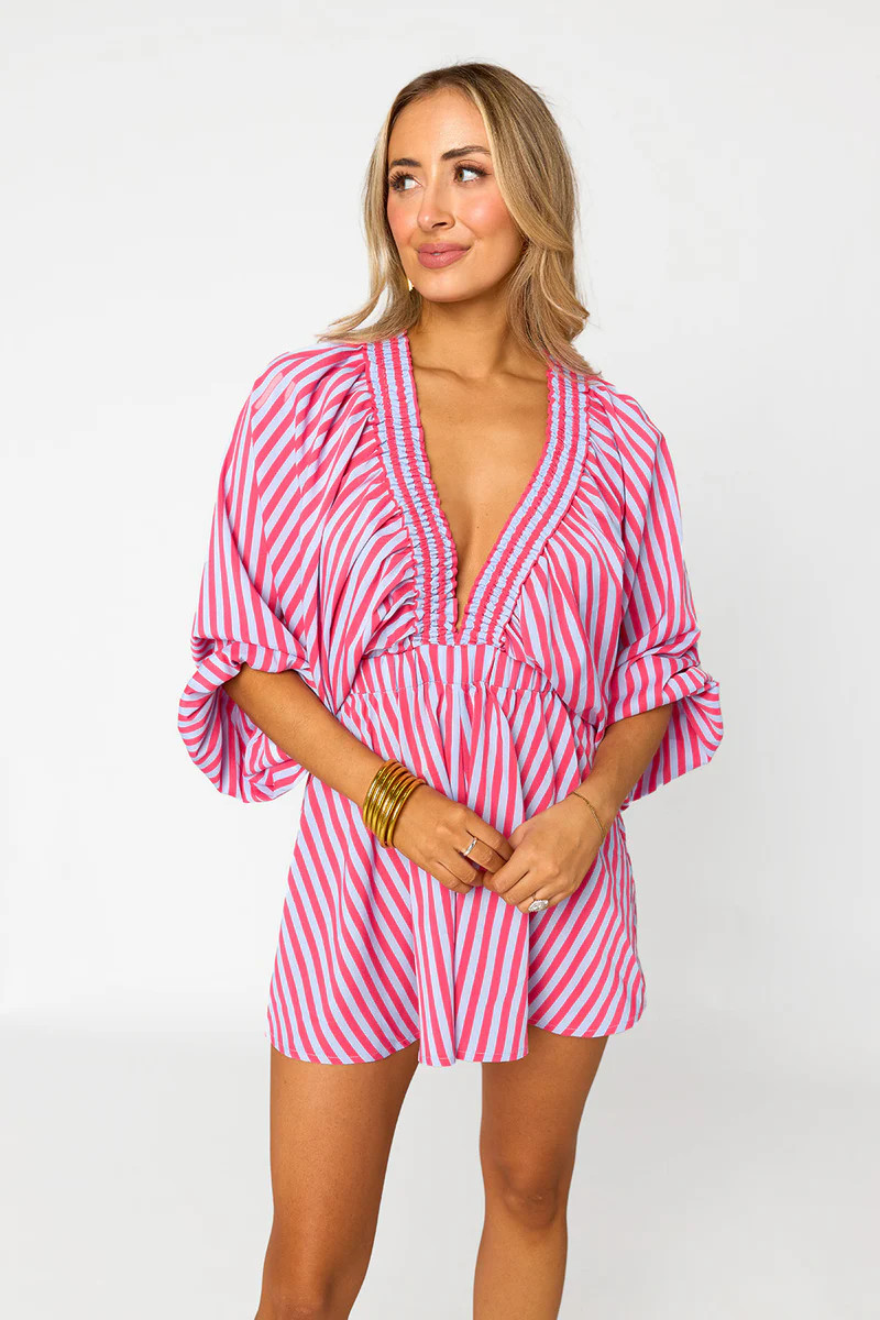 BuddyLove | Palm Beach Plunge Neck Romper | Lychee | BuddyLove