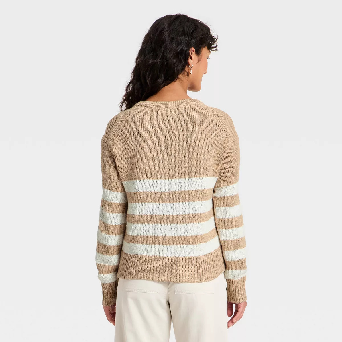 Women's Lace Up Crewneck Pullover Sweater - Universal Thread™ Oatmeal Striped XL | Target