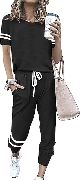 PRETTYGARDEN Women Summer Two Piece Outfits Striped Short Sleeve Pullover and Long Pants Tracksui... | Amazon (US)