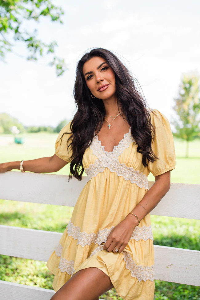 Savor This Feeling Mustard Lace Trim Mini Dress | Pink Lily