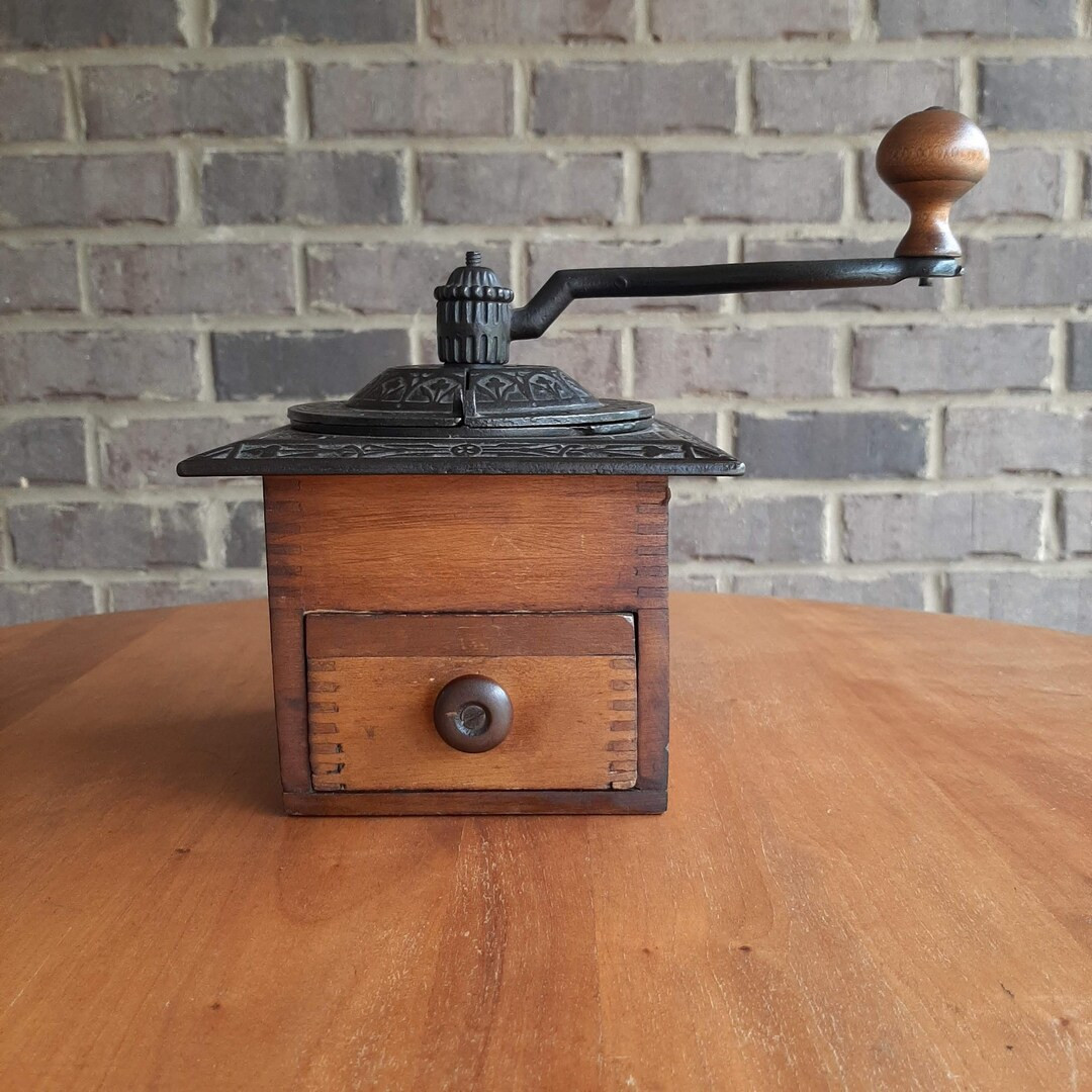Vintage 1930s Coffee Grinder Ornate Cast Iron Top Oak Box Knob | Etsy (US)