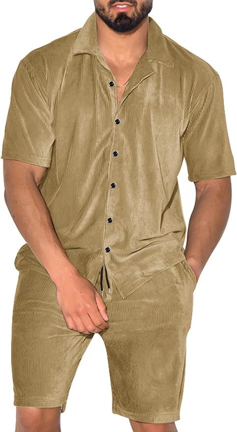 LecGee Men Summer Casual Short Set Corduroy Short Sleeve Button Down Shirt Elastic Waist Shorts 2... | Amazon (US)