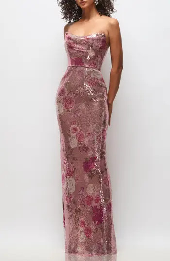 Cassandra Floral Sequin Strapless Column Gown | Nordstrom