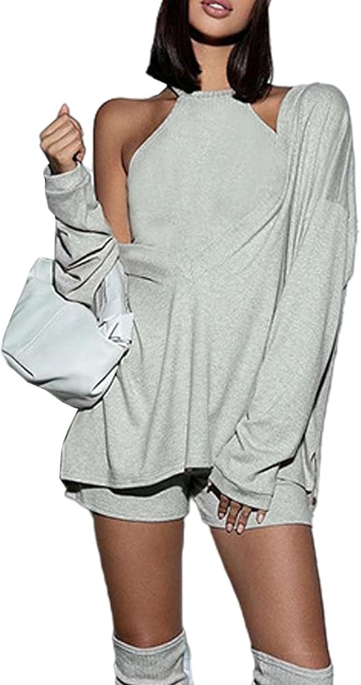 ECDAHICC Women's Two Piece Outfits Knitted Halter Neck Crop Tank Tops and Oversized Off Shoulder ... | Amazon (US)