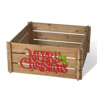 Glitzhome® Merry Christmas Wood Crate Tree Collar in Brown | 27" x 27" x 11.5" | Michaels® | Michaels Stores