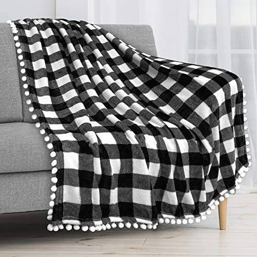 PAVILIA Pom Pom Blanket Throw, Buffalo Plaid White Black Check | Soft Fleece Pompom Fringe Blanke... | Amazon (US)