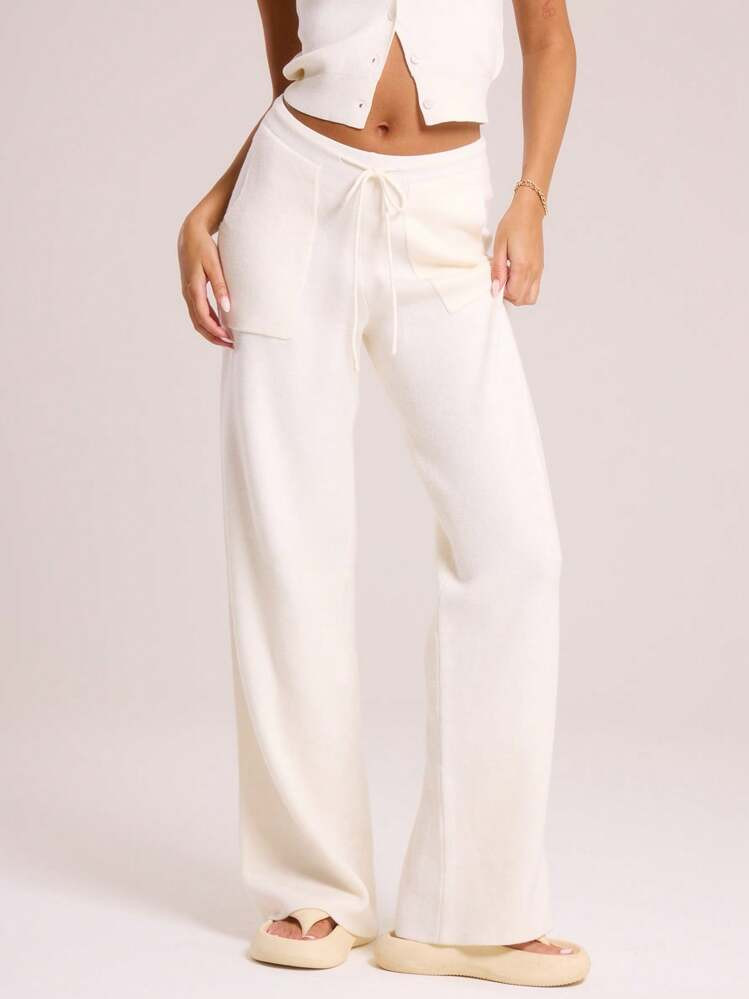MUSERA Knitted Large Pocket Detail Tie Waist Sweater Trousers Wide Leg Old Money Summer Vacation Airport Holiday Summer Beach Fall Back To School Christmas Work Office | SHEIN