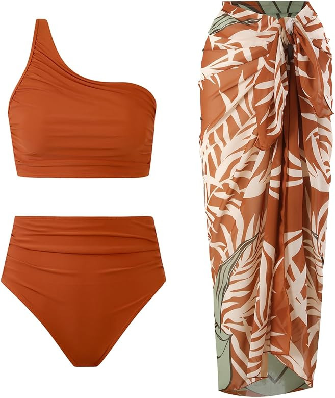 3 Piece Swimsuits for Women High Waisted Bikini Sets Retro Swimsuit with Cover up Beach Wrap Skir... | Amazon (US)