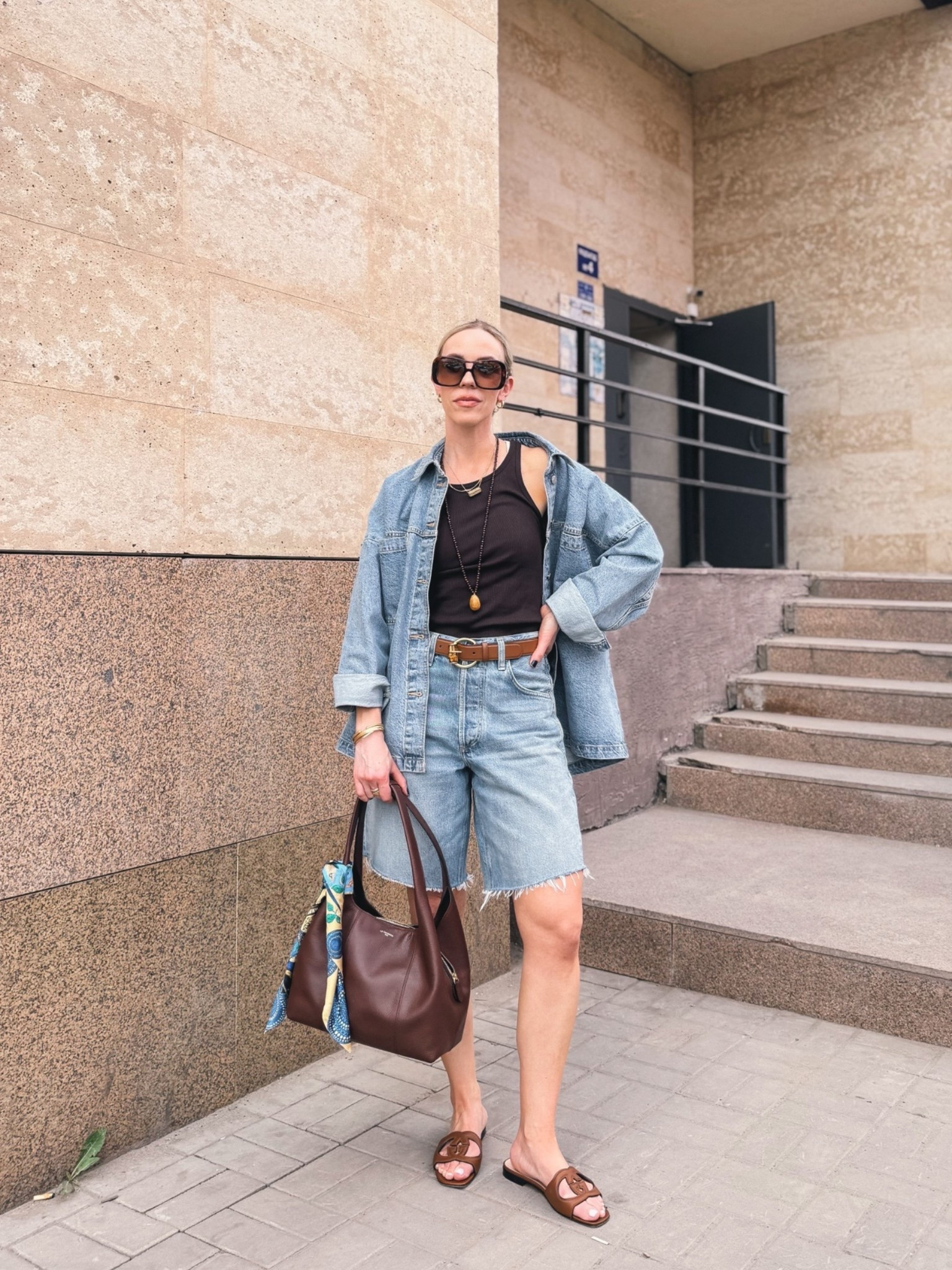 Denim on denim summer outfit, denim bermuda shorts, summer vacation, Gucci sandals, Le Tanneur handbag, casual summer outfits 2026

#LTKTravel #LTKOver40 #LTKSeasonal