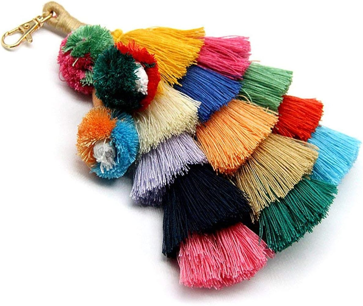Tassel Pom Pom Key Chain Colorful Boho Charm Key Ring, Fashion Accessories for Women | Amazon (US)