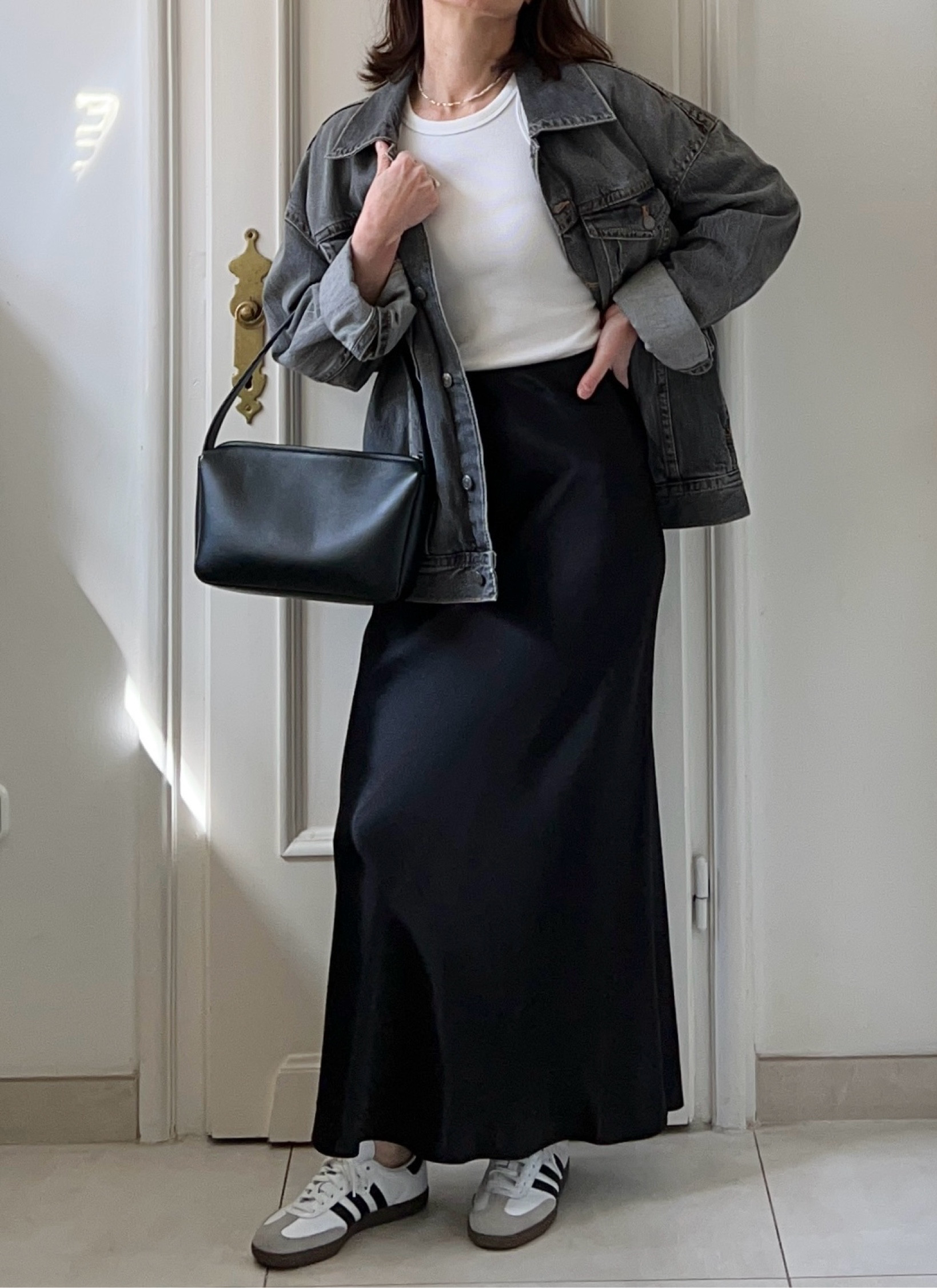 Spring outfit, denim jacket, oversized jacket, grey denim, satin skirt, slip skirt, casual chic, casual outfit, black handbag, adidas samba sneakers

#LTKSeasonal #LTKOver40 #LTKStyleTip

#LTKsummer #LTKstyletip #LTKeurope