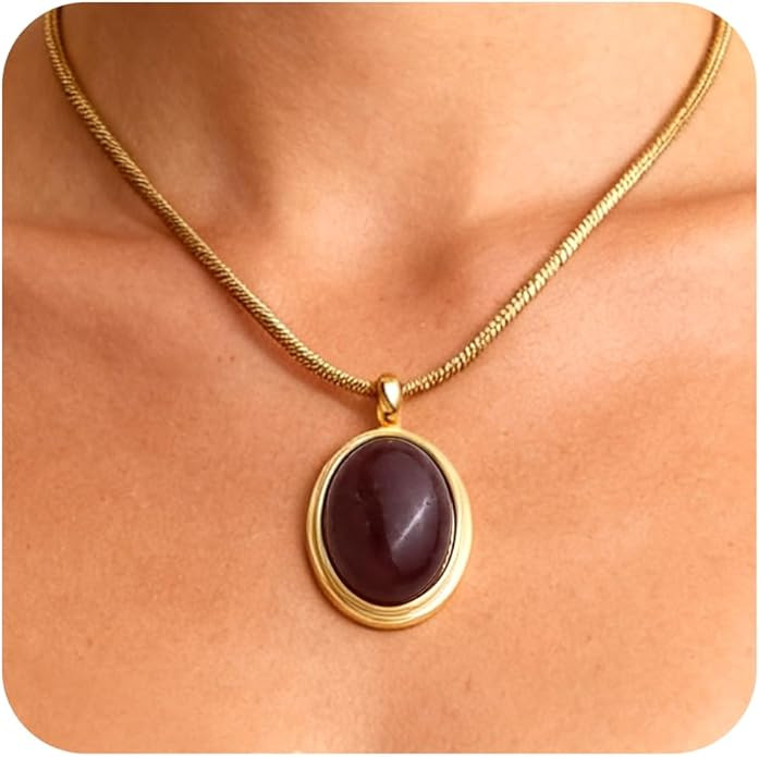 Sonateomber Gold Stone Pendant Necklace for Women, Chunky Statement Dainty Heart Oval Natural Gem... | Amazon (US)