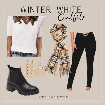 Winter white outfits black jeans, white sweater, scarf, boots, gold earring 

#LTKstyletip #LTKFind #LTKunder50