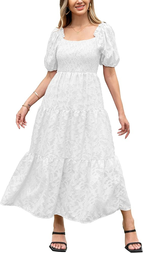 Womens Summer Short Puff Sleeve Off Shoulder Smocked Floral Dress Lace Flowy A Line Textured Tier... | Amazon (US)