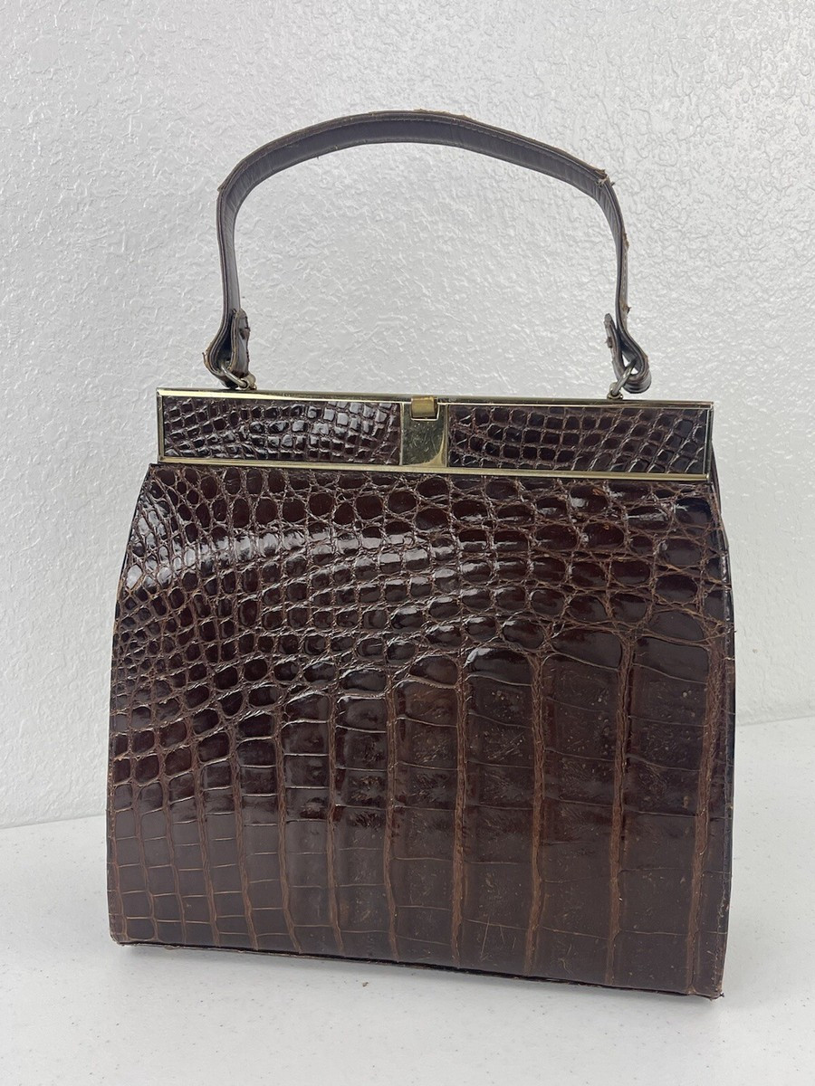 VINTAGE CUSTOM HANDBAG GENUINE ALLIGATOR FRAME BAG DARK BROWN PURSE | eBay US