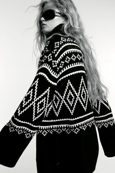 Oversized Half-zip Sweater - Black/patterned - Ladies | H&M US | H&M (US + CA)