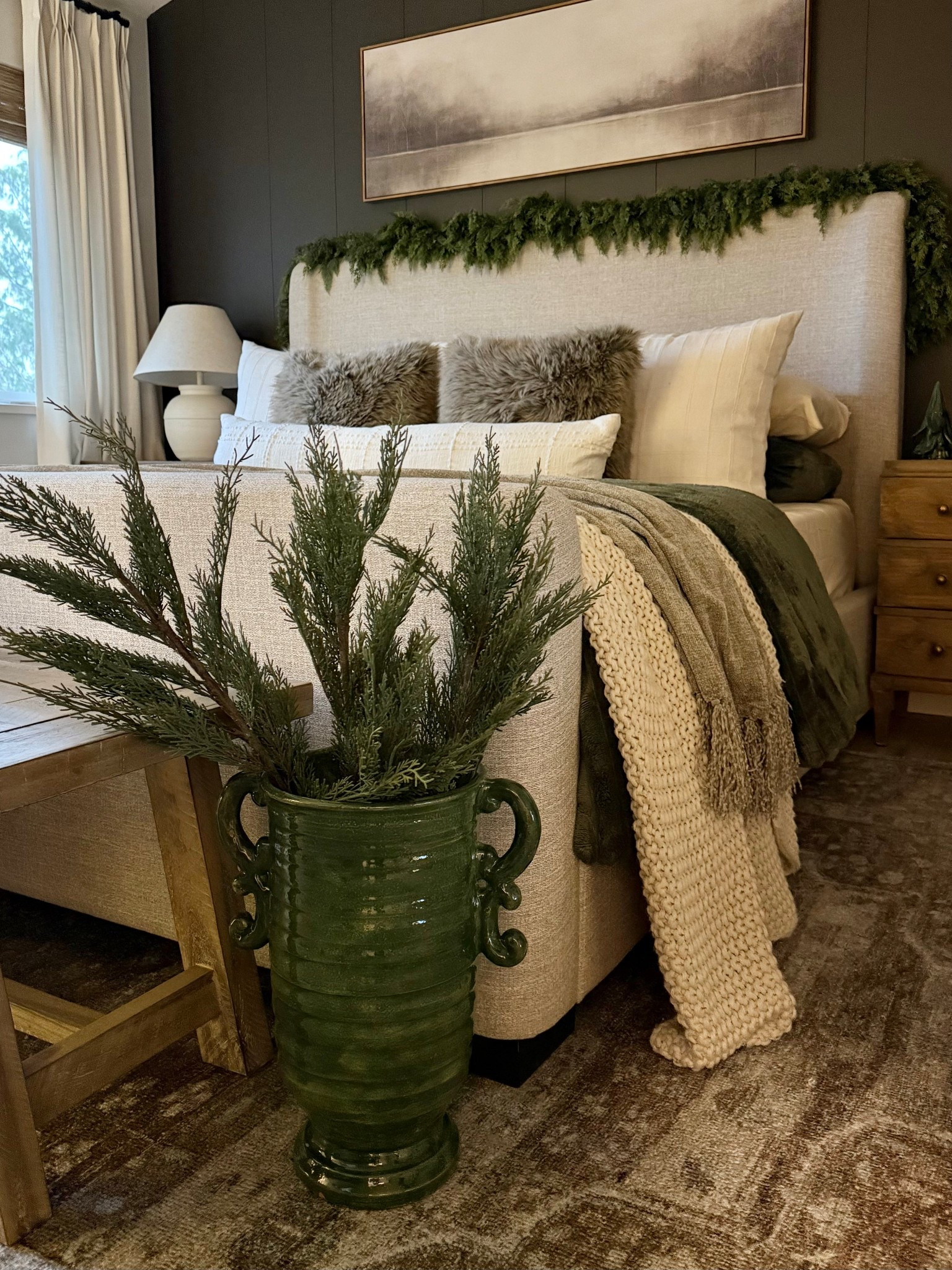 Winter bedroom details✨
Love this glossy green vase..so gorgeous! 
I added some winter greenery and faux fur to the primary bedroom. Winter and holiday cozy! 


#LTKHome #LTKSeasonal #LTKHoliday