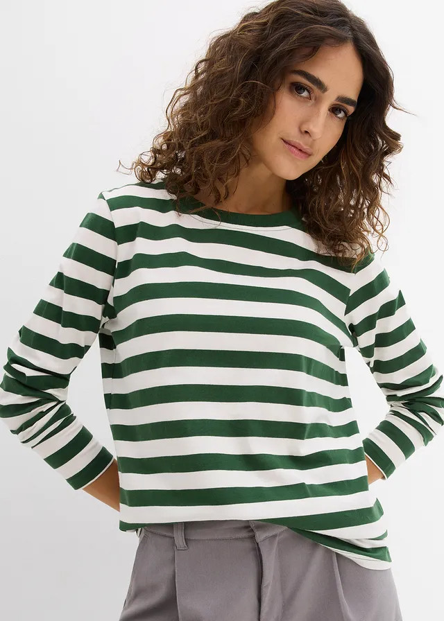 Longsleeve van biologisch katoen dennengroen-wolwit gestreept | Bonprix NL (Influencer)