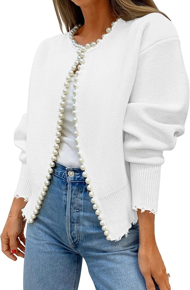 ZESICA Women's Open Front Cardigan Sweater Casual Knitted Long Sleeve Pearls Trim Outerwear Coat ... | Amazon (CA)