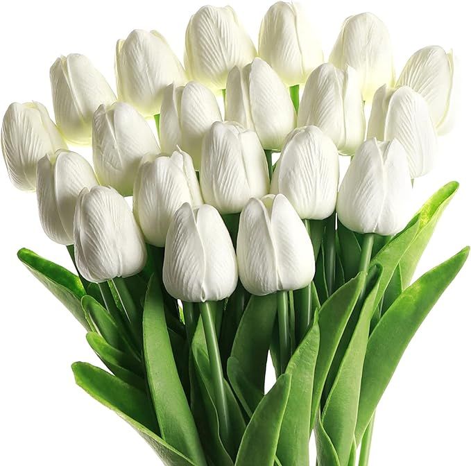 White Artificial Flowers 20 Pcs Faux Tulips PU Real Touch Fake Flowers for Home Office Wedding De... | Amazon (US)