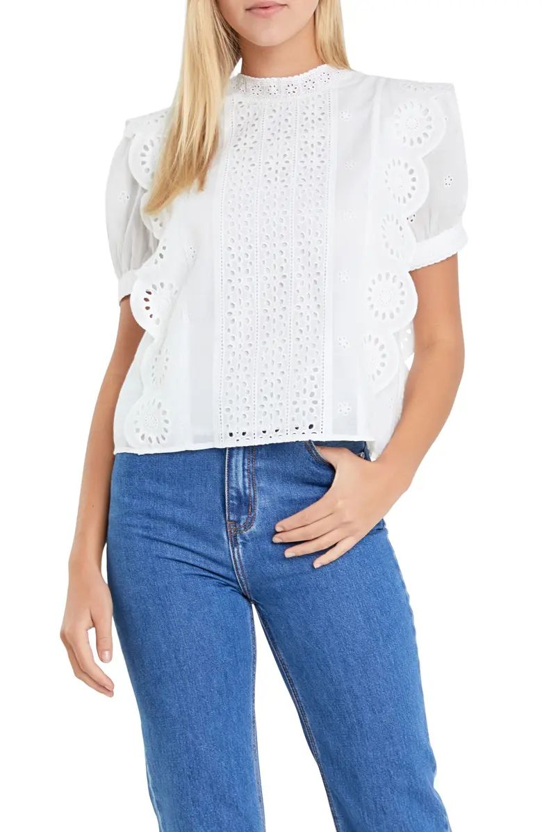 English Factory Embroidered Eyelet Short Sleeve Cotton Top | Nordstrom | Nordstrom