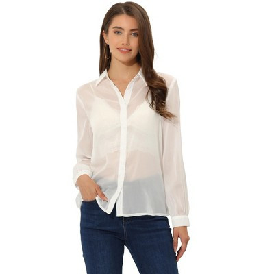 INSPIRE CHIC Women's Sheer Mesh Long Sleeve Button Down Shirts X-Small White | Target
