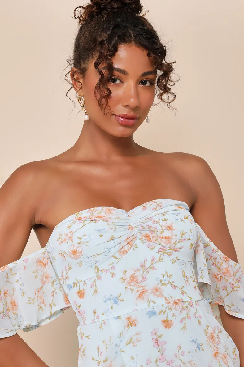 Charming Passion Mint Green Floral Off-the-Shoulder Maxi Dress | Lulus