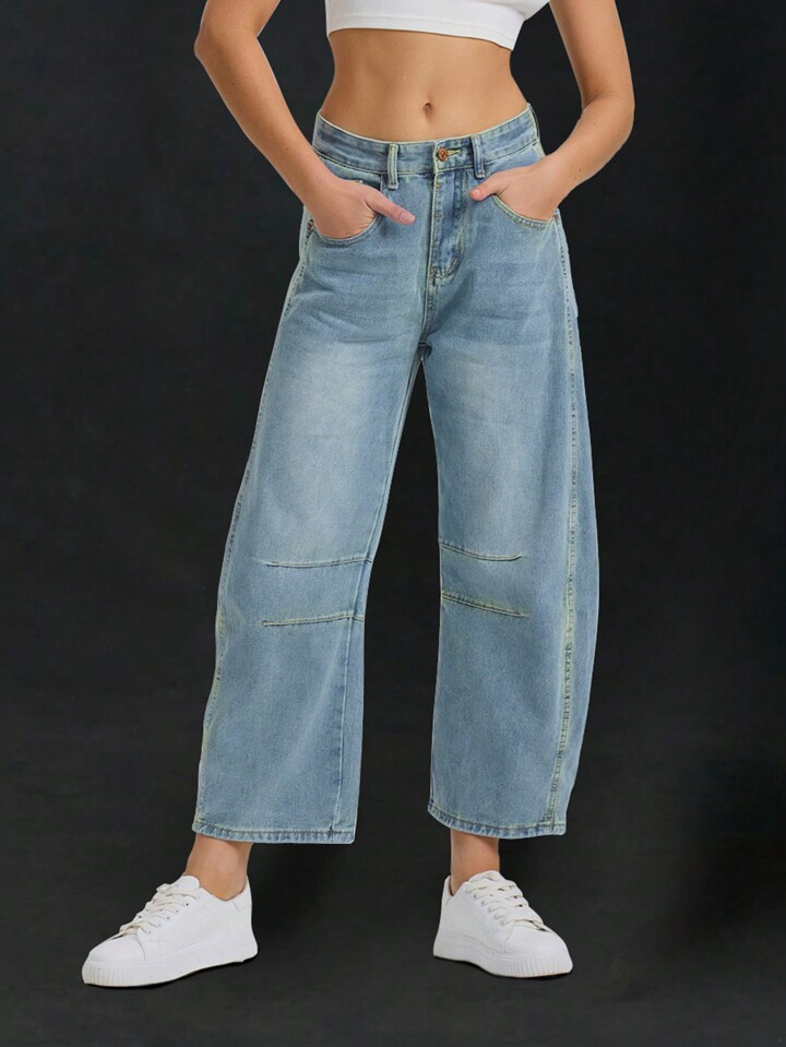 American Casual Slouchy Style Wide-Leg Cropped Jeans With Scissor Cut Design And Banana Style | SHEIN