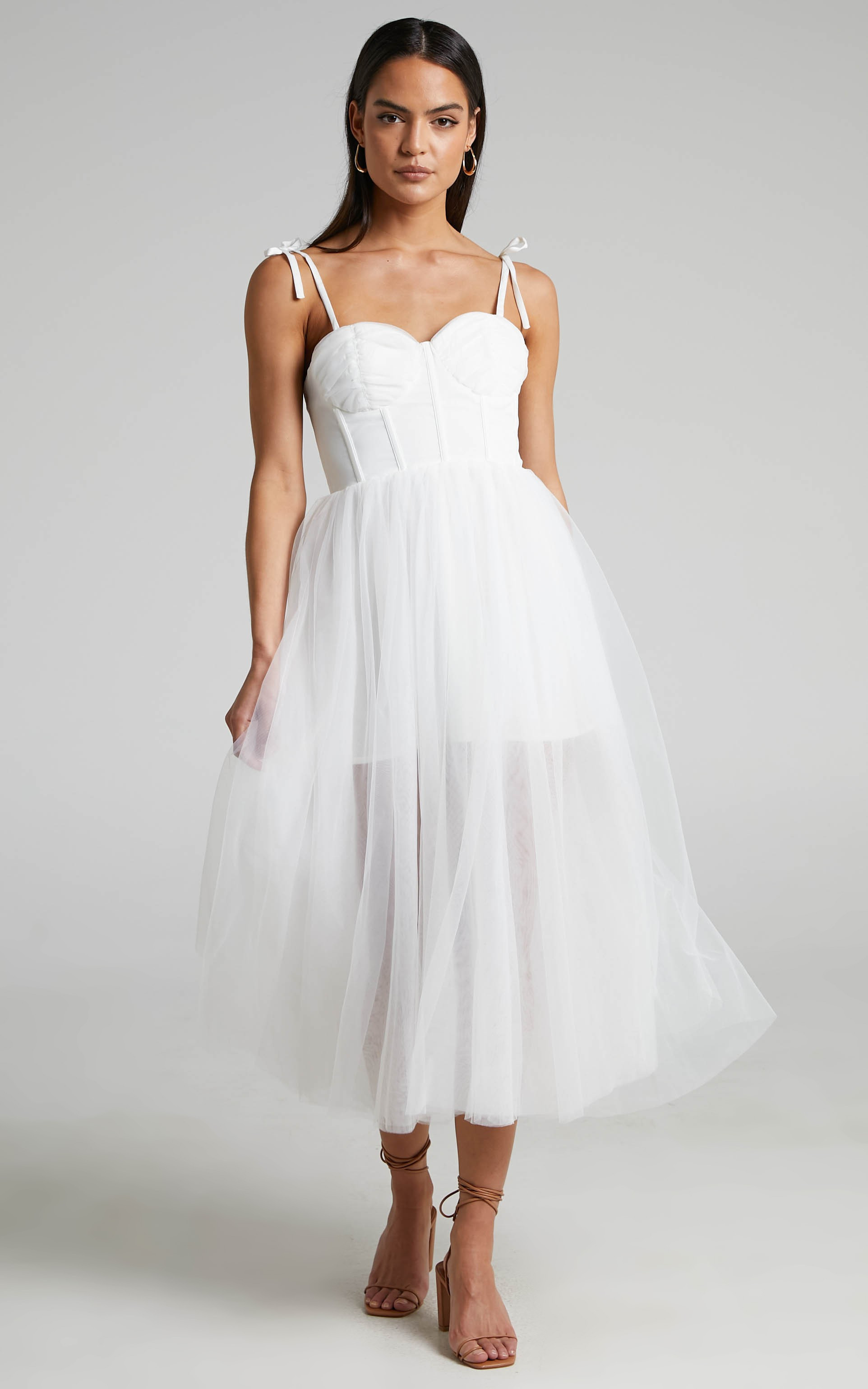 Aisha Bustier Bodice Tulle Midi Dress in White | Showpo (US, UK & Europe)