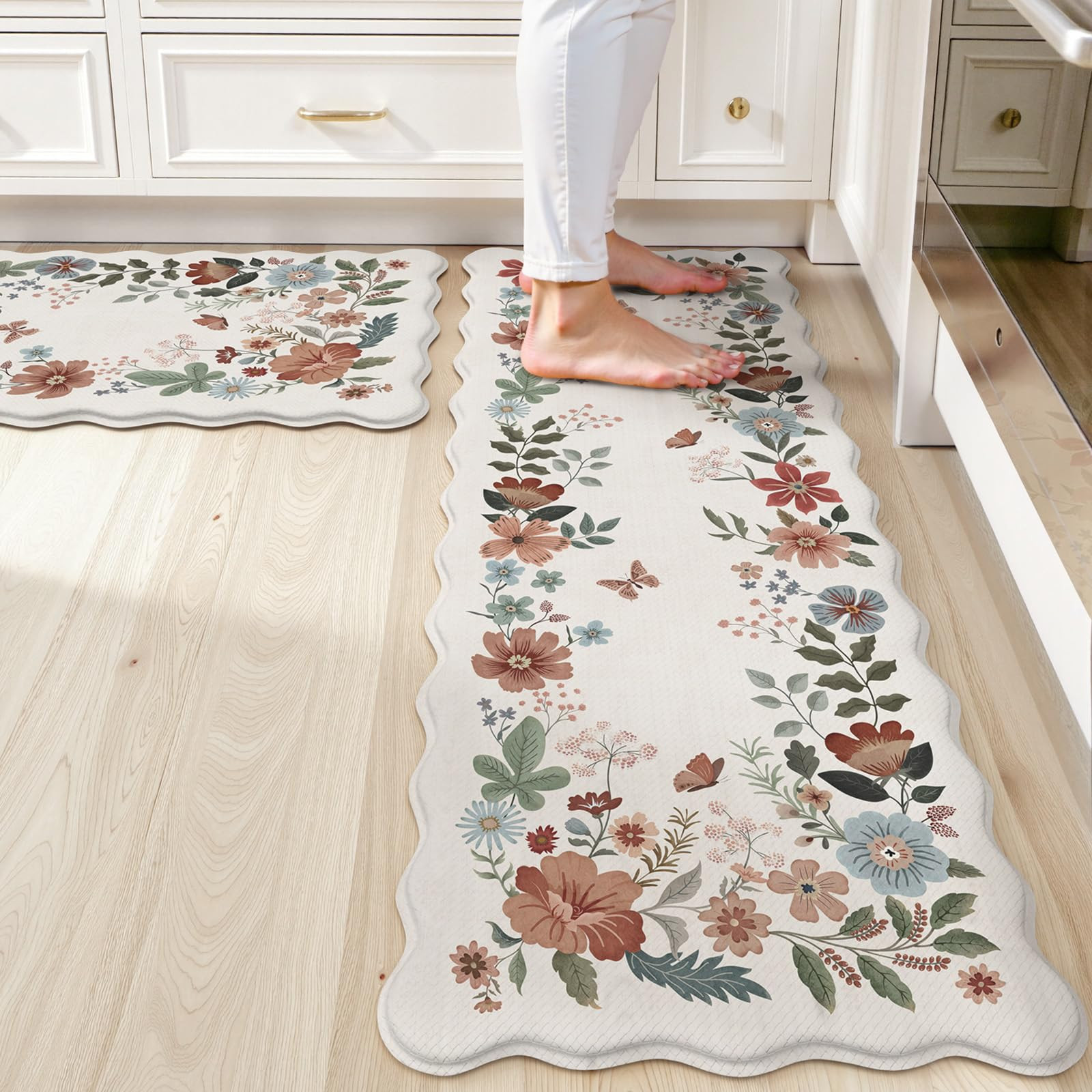 Collive Kitchen Mats Cushioned Anti Fatigue, Scalloped Waterproof Kitchen Floor Mat Beige Sink Ru... | Amazon (US)