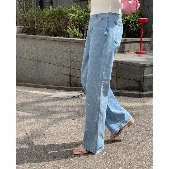CHERRYKOKO - Ribbon Pattern Wide Jeans | YesStyle Global