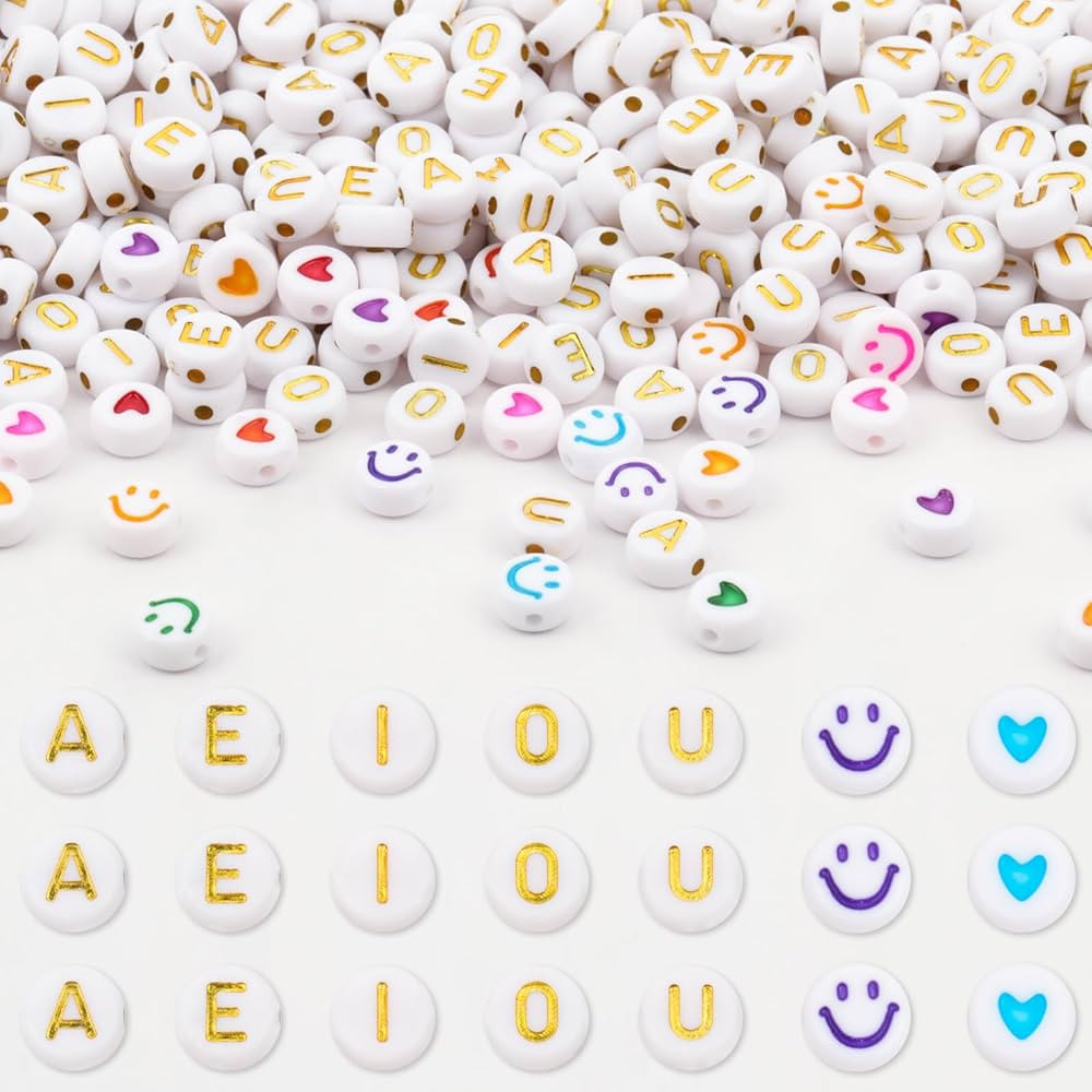 Xilitata 600Pcs Flat Round Vowel Letter Beads 7x4mm with Letter A E I O U Gold Letters White Acry... | Amazon (US)