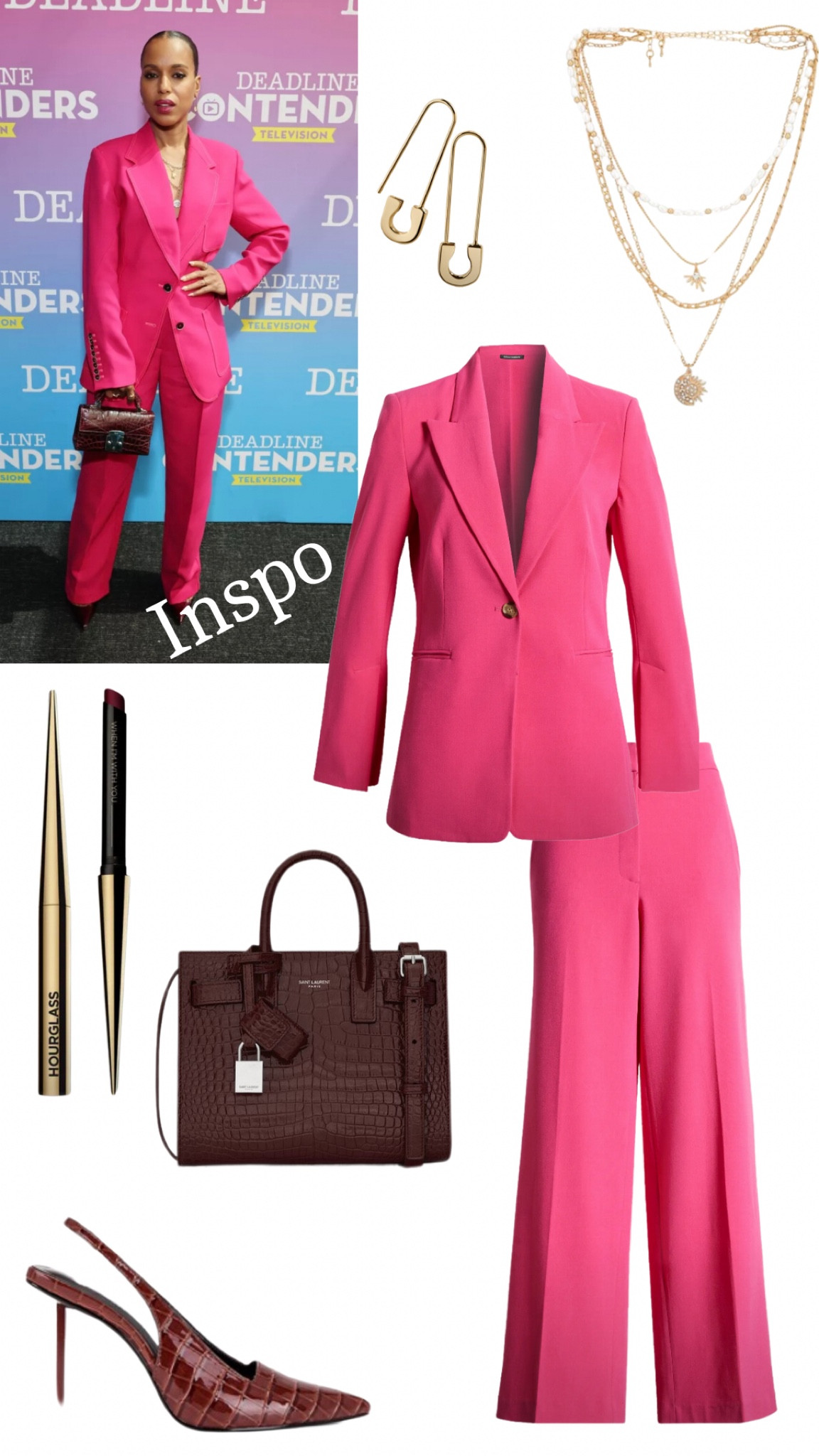Hot Pink Suit Inspo from Kerry Washington.

Magenta Blazer & High Waist Pants: Halogen
Layered Necklace: 8 Other Reasons
Bag: YSL
Earrings: BaubleBar
Lipstick: Hourglass (color: My Icon Is)
Sling back Heels: Femme LA

#LTKitbag

#LTKstyletip #LTKSeasonal #LTKshoecrush
