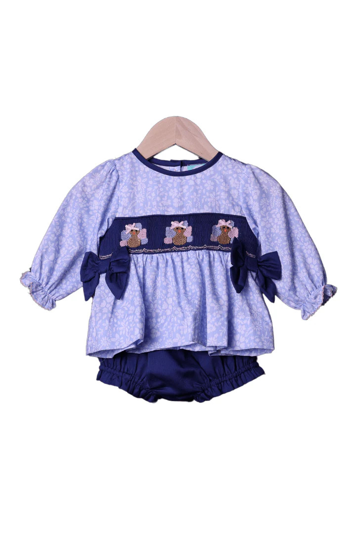 Smocked Navy Blue Floral Turkey Bloomer Set | The Smocked Flamingo