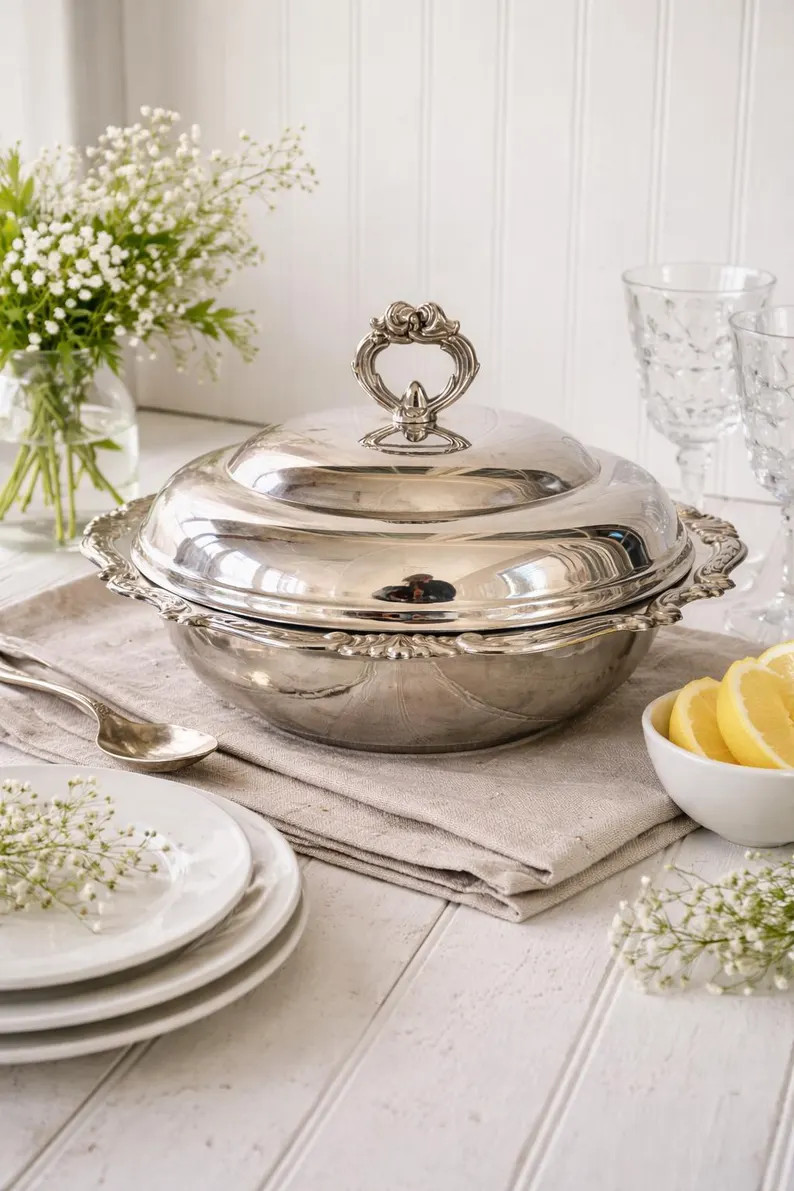 Vintage Silver Plate Sheridan Serving Bowl with Glass Insert, Ornate Handles | Etsy (US)