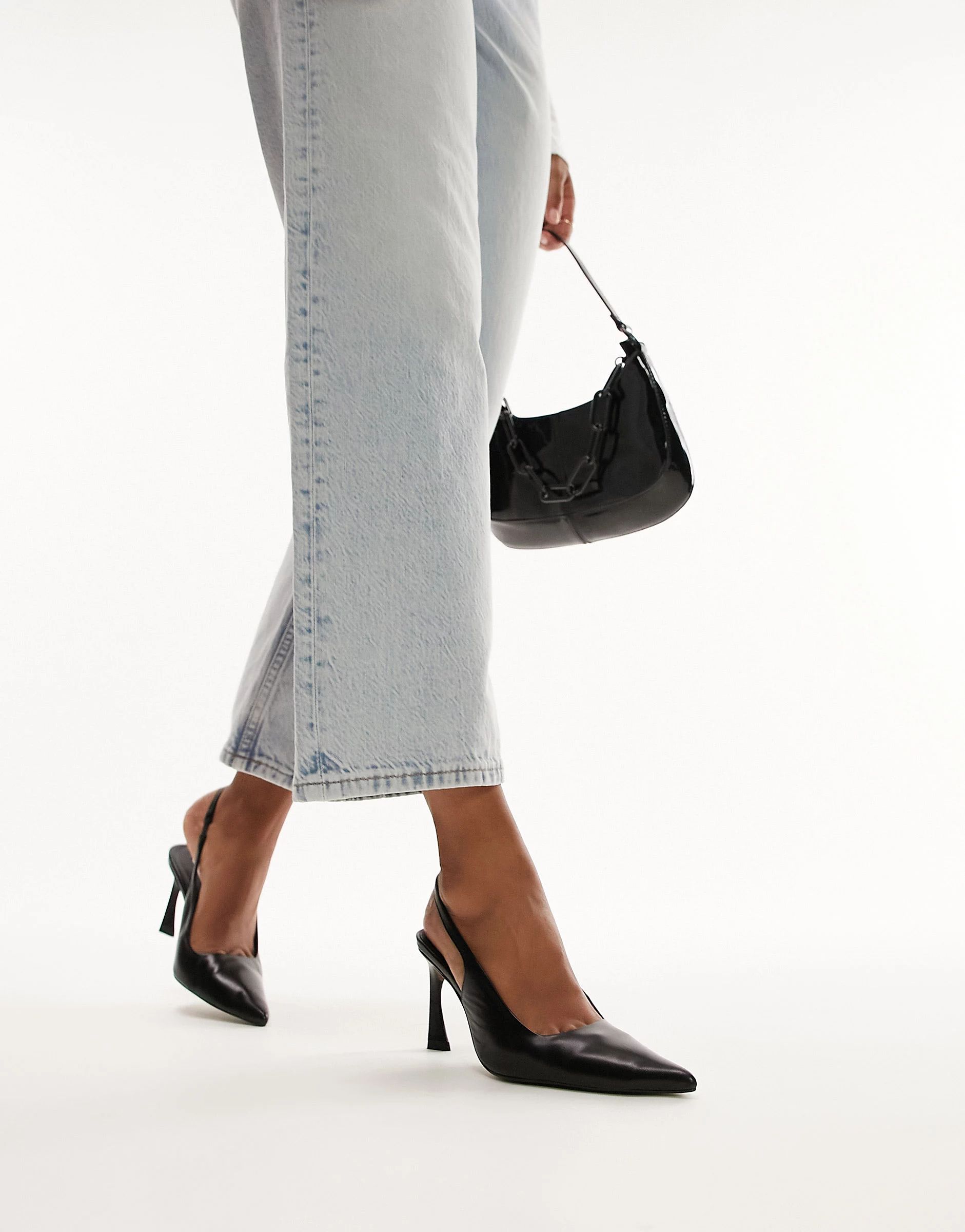 Topshop Coy premium leather sling back heeled pumps in black | ASOS (Global)