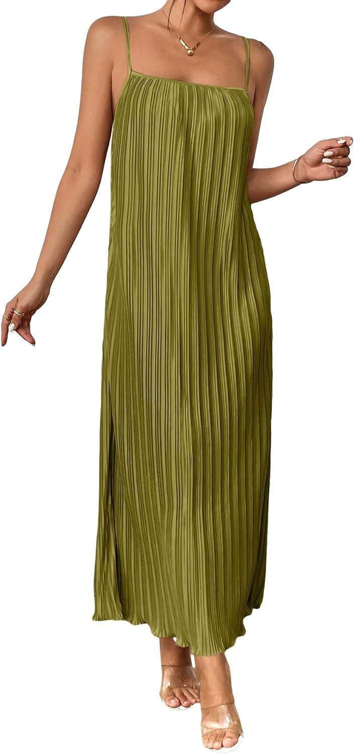 OYOANGLE Women's Sleeveless Spaghetti Strap Pleated Straight Flowy Long Maxi Cami Dress | Amazon (US)