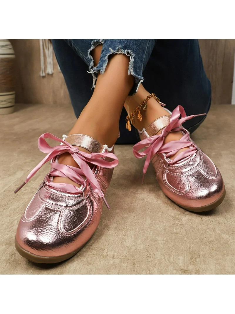 Pink Women Lace-Up Shoes Round Toe Flat Sole Comfortable Matching Pu Upper Casual Low Heel | Walmart (US)