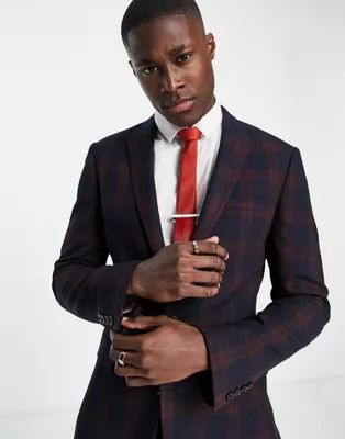 ASOS DESIGN super skinny suit jacket in burgundy blackwatch tartan check | ASOS (Global)