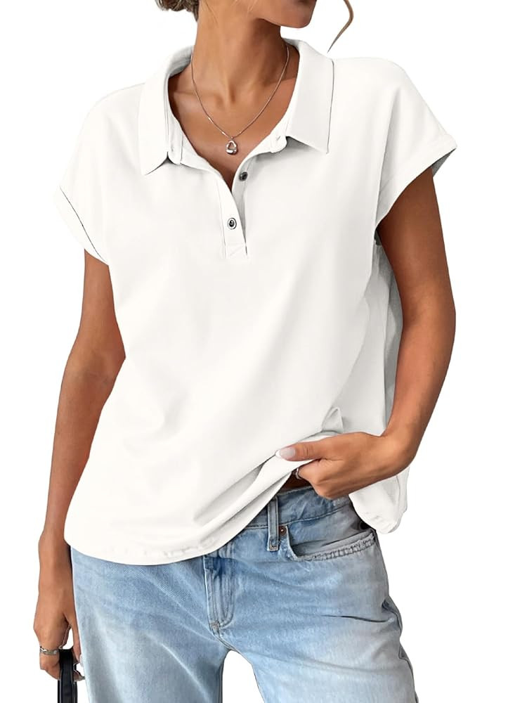 Womens Cotton Cap Sleeve Polo Shirts Oversized Short Sleeve Henley Neck Tops Summer Loose Fit Box... | Amazon (US)